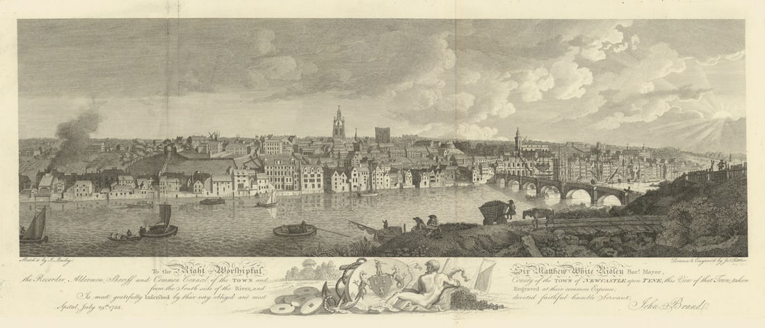 View of Newcastle upon Tyne from the South side of the River 1789 old print: Title: View of Newcastle upon Tyne from the South side of the River 1789 old print Description: To the Right Worshipful Sir Matthew White Ridley Bart. Mayor, the Recorder, Aldermen, Sheriff and