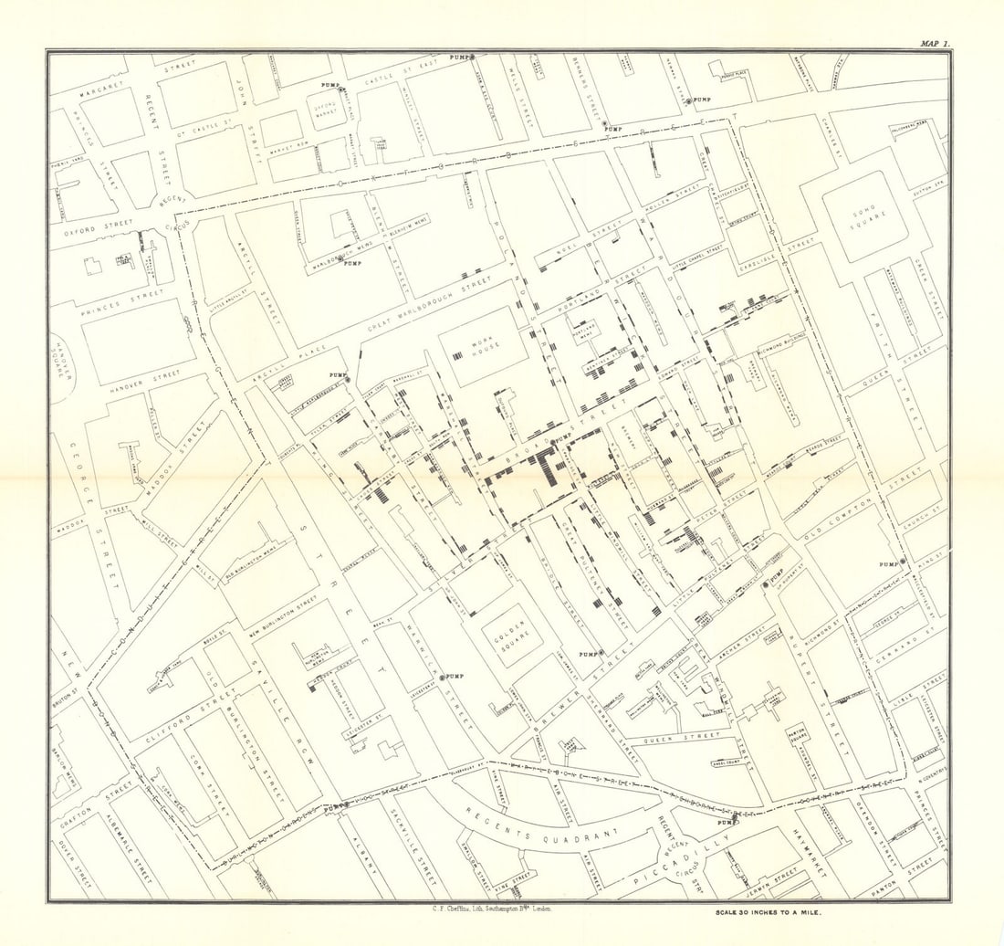 Broad Street Cholera Outbreak, Soho, London by Dr John Snow 1855 (1965) map: Title: Broad Street Cholera Outbreak, Soho, London by Dr John Snow 1855 (1965) map Description: [Dr John Snow's map of Soho, London, showing the clusters of Cholera cases in the London epidemic of 185