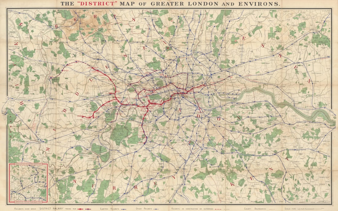 The "District" Map of Greater London & Environs. District Railways tube map 1902: Title: The "District" Map of Greater London & Environs. District Railways tube map 1902 Description: The "District" Map of Greater London and Environs'. 1902 District Railway Map of Greater London