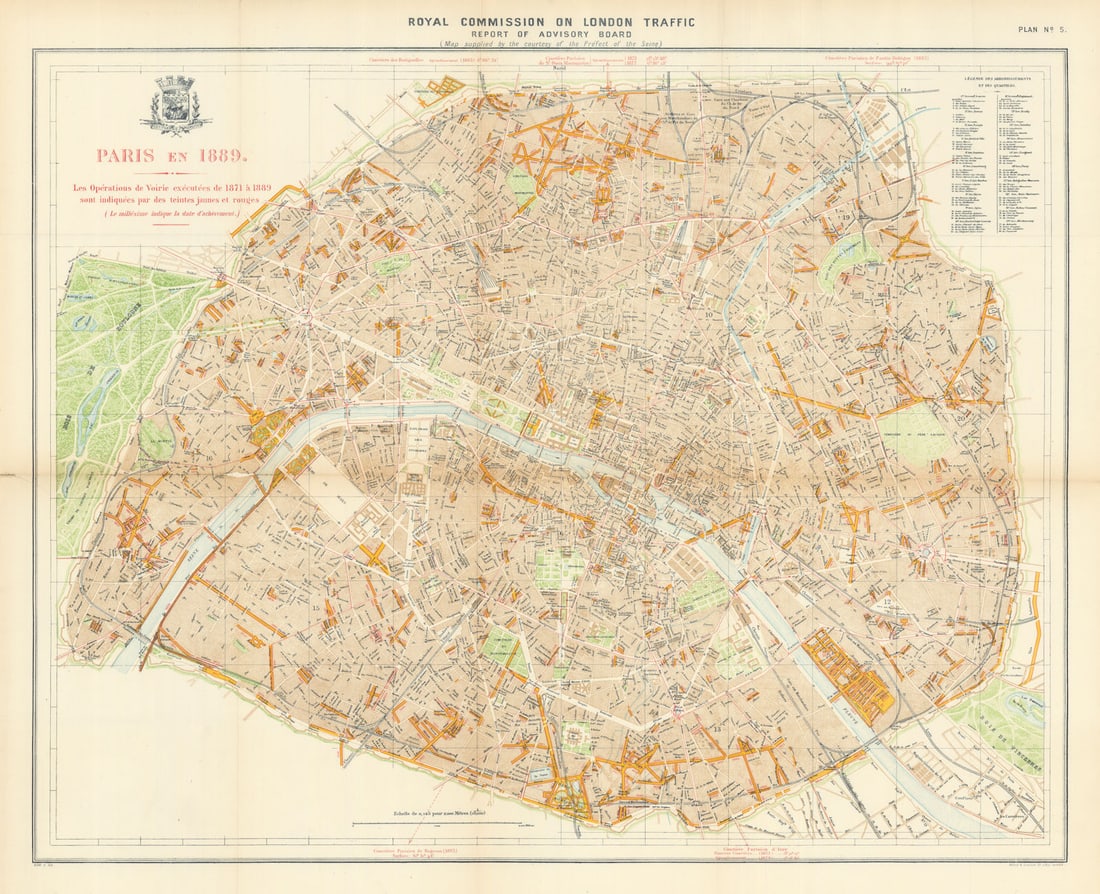 Paris showing 1871-1889 post-Haussmann boulevard/street realignments 1905 map (1 of 1)