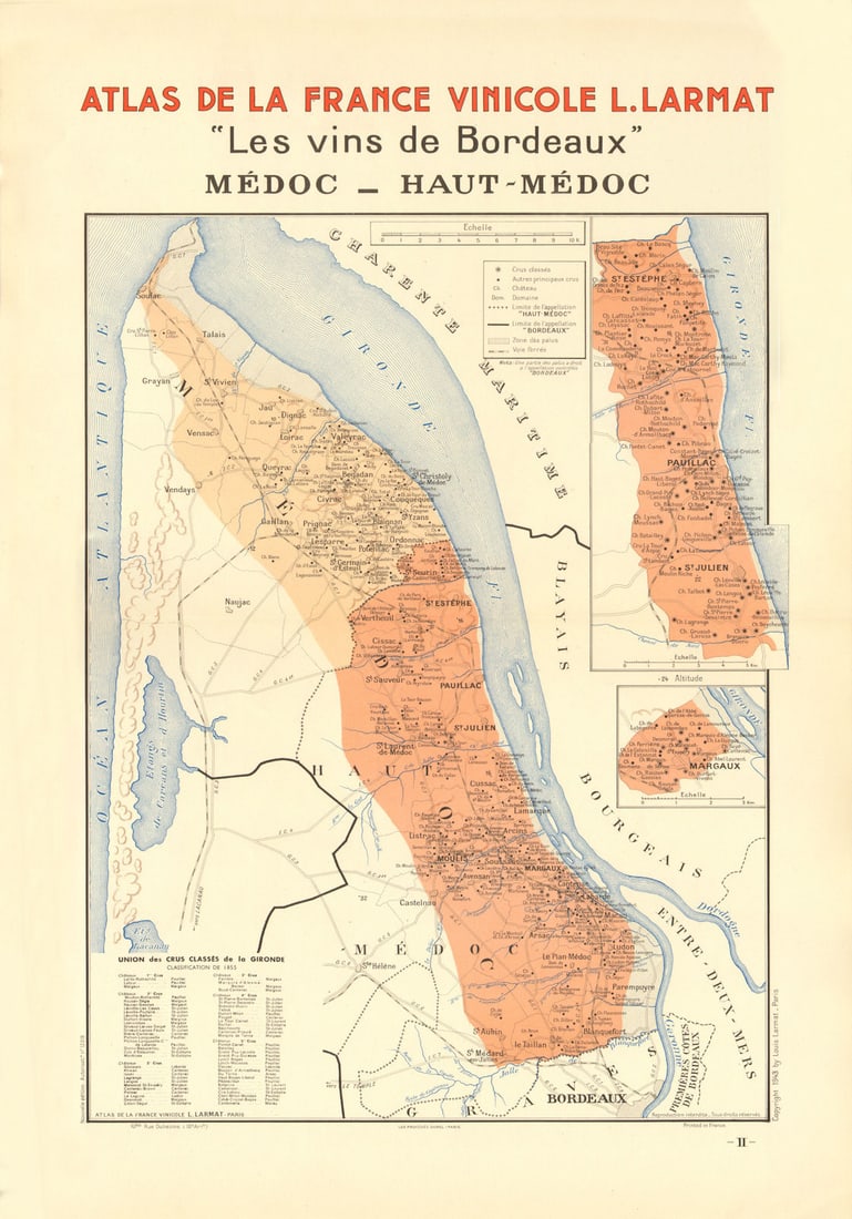 BORDEAUX WINE MAP. Les Vins de Bordeaux - Médoc - Haut-Médoc. LARMAT 1944: Title: BORDEAUX WINE MAP. Les Vins de Bordeaux - Médoc - Haut-Médoc. LARMAT 1944 Description: "Les Vins de Bordeaux" - Médoc - Haut-Médoc' (Atlas de la France Vinicole L. Larmat) by Larmat, Louis.
