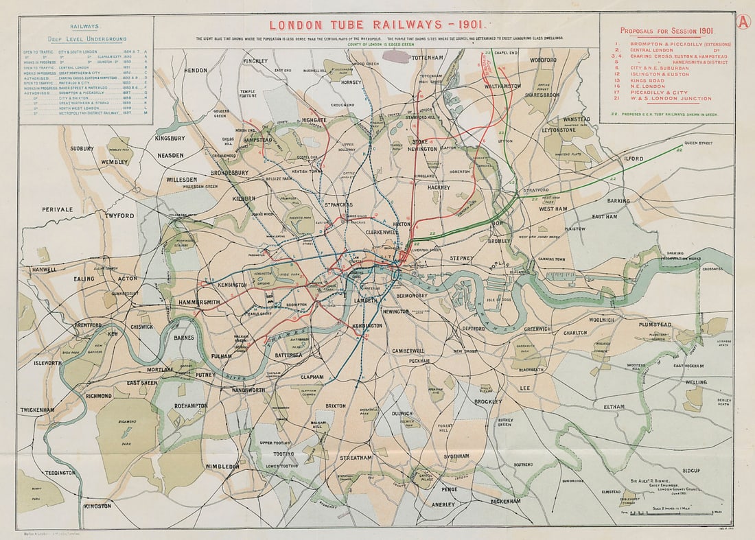 London Tube Railways. 11 proposed new/extended Underground lines HMSO 1901 map (1 of 1)