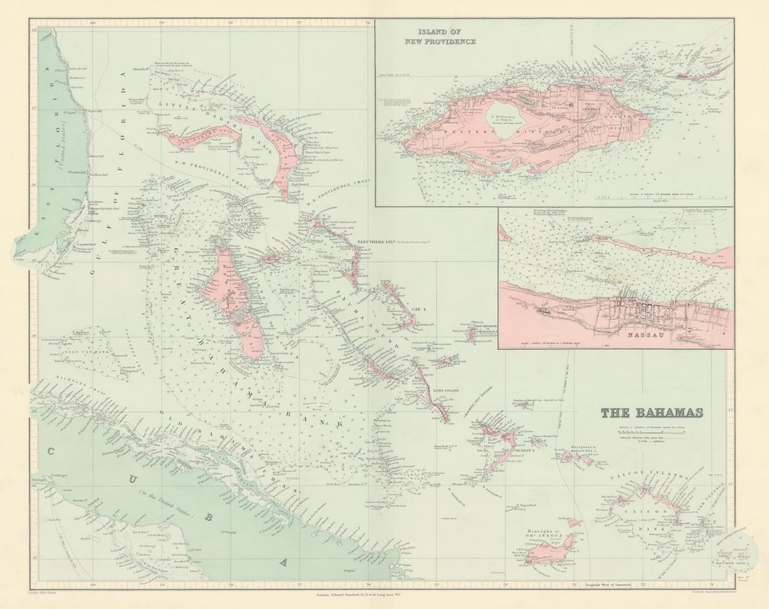 Bahamas. Turks & Caicos. New Providence. Nassau plan. 53x67cm. STANFORD 1904 map: Title: Bahamas. Turks & Caicos. New Providence. Nassau plan. 53x67cm. STANFORD 1904 map Description: The Bahamas // Island of New Providence'. Stanford's Geographical Establishment. Published 1904.