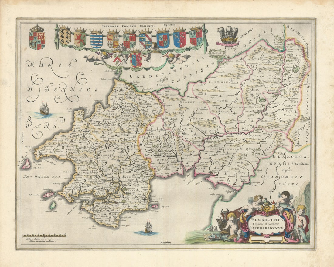 Penbrochia Comitatus &... Caermaridunum. Carmarthen/Pembrokeshire BLAEU 1645 map (1 of 1)