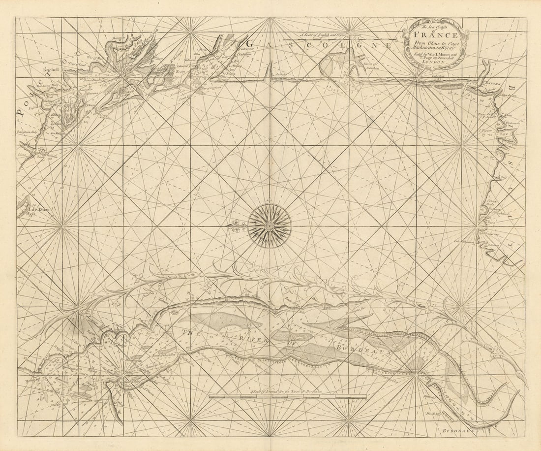 The Sea Coasts of France from Olone to Cape Machiacaca. MOUNT & PAGE 1758 map (1 of 1)
