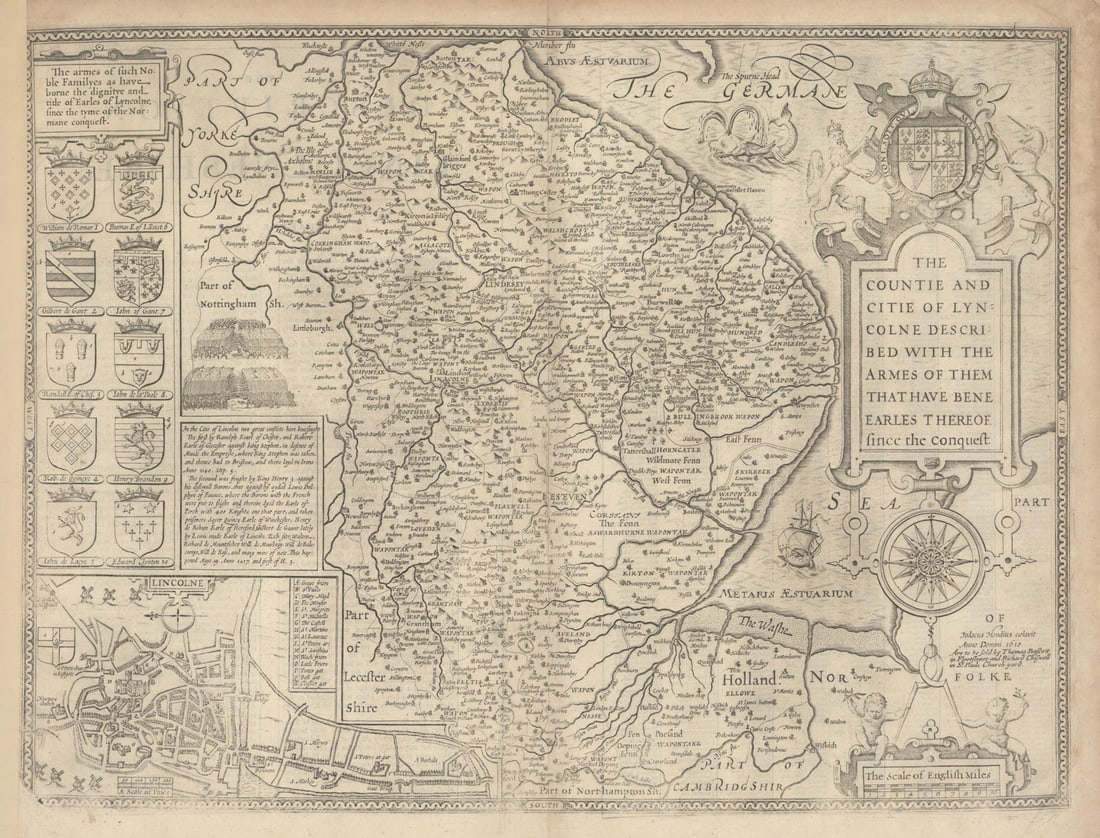 Countie… of Lyncolne. John Speed Lincolnshire map. Bassett/Chiswell edition 1676 (1 of 1)