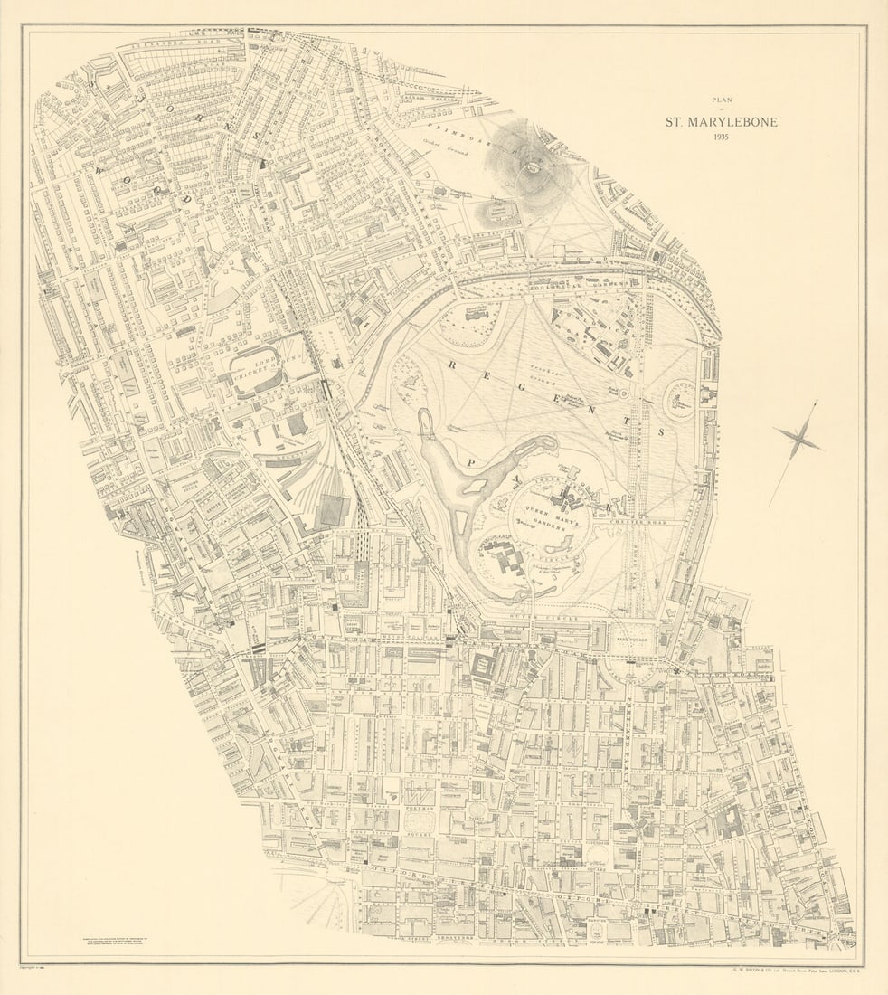 Plan of St Marylebone Borough/Parish. Regents Park St John's Wood BACON 1935 map (1 of 1)