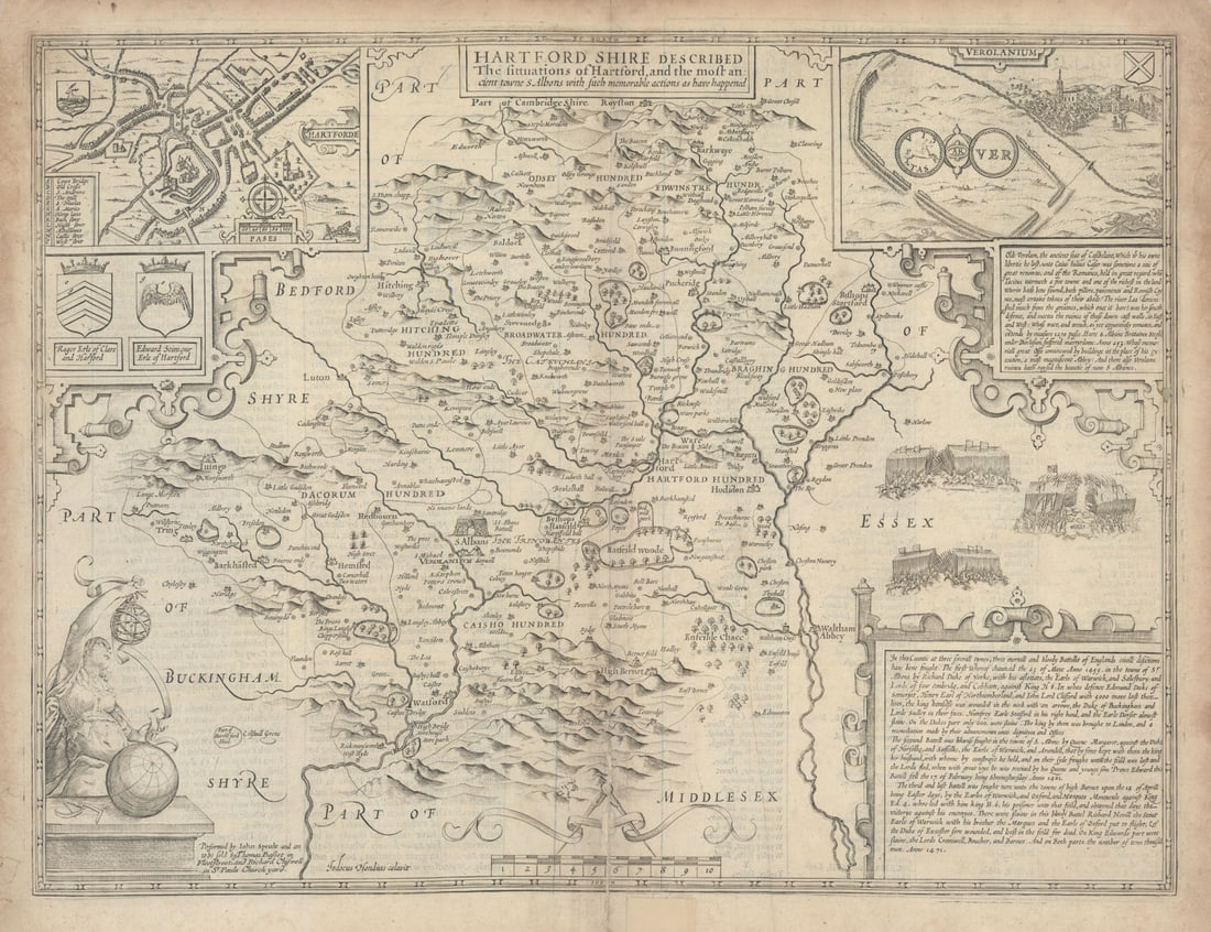 Hartford Shire. Hertfordshire map by John Speed. Bassett & Chiswell edition 1676: Title: Hartford Shire. Hertfordshire map by John Speed. Bassett & Chiswell edition 1676 Description: Hartford Shire Described. The Sittuations of Hartford and the most ancient towne St Albons with