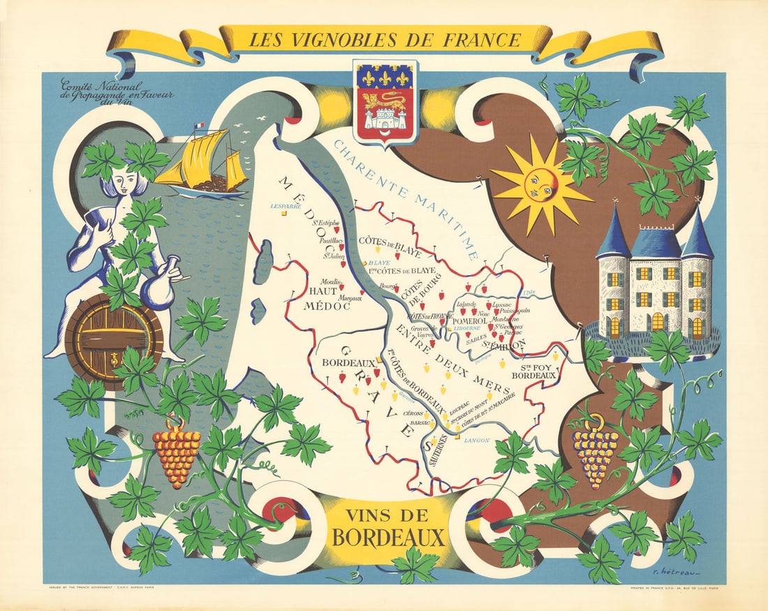 BORDEAUX WINE MAP Vignobles de France. Vins de Bordeaux. Rémy HETREAU 1954 (1 of 1)