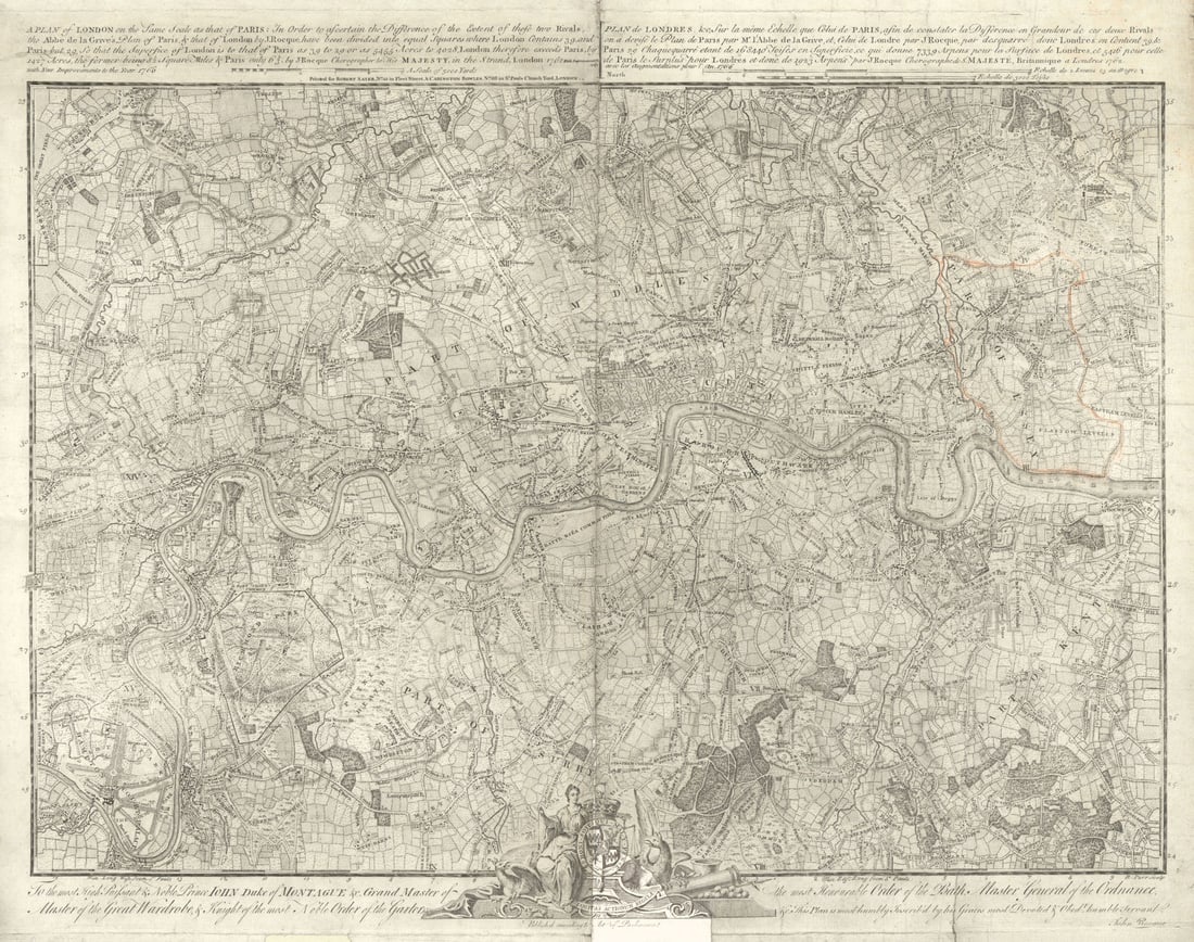 A Plan of London on the same scale as that of Paris.. by John Rocque 1769 map: Title: "A Plan of London on the same scale as that of Paris.." by John Rocque 1769 map Description: A Plan of London on the same scale as that of Paris'. John Rocque, engraved by Richard Parr. Publish