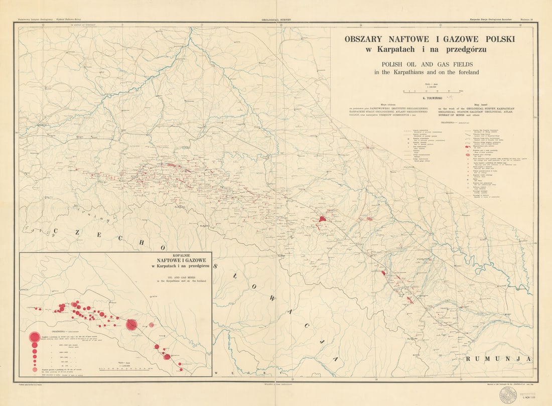 Obszary naftowe i gazowe Polski w Karpatach Carpathian Oil & Gas fields 1928 map (1 of 1)