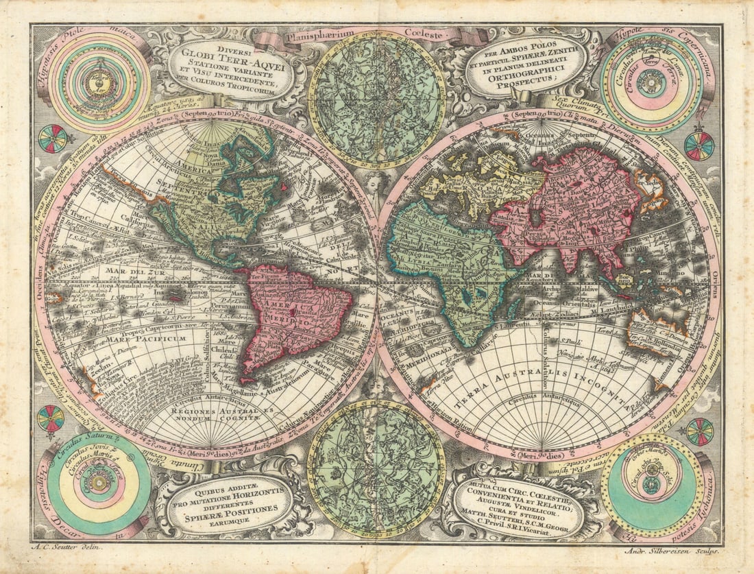 Diversi globi terr-aquei statione variante… World Planisphere. Seutter c1744 map (1 of 1)