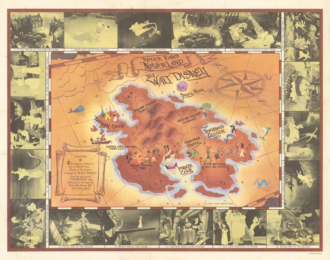 Peter Pan's Neverland fantasy movie promotional map by Walt Disney 1953 (1 of 1)