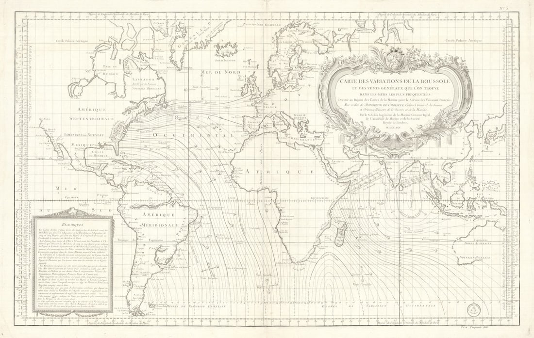 Carte des variations de la boussole… World. Dépôt de la Marine/Bellin 1765 map (1 of 1)