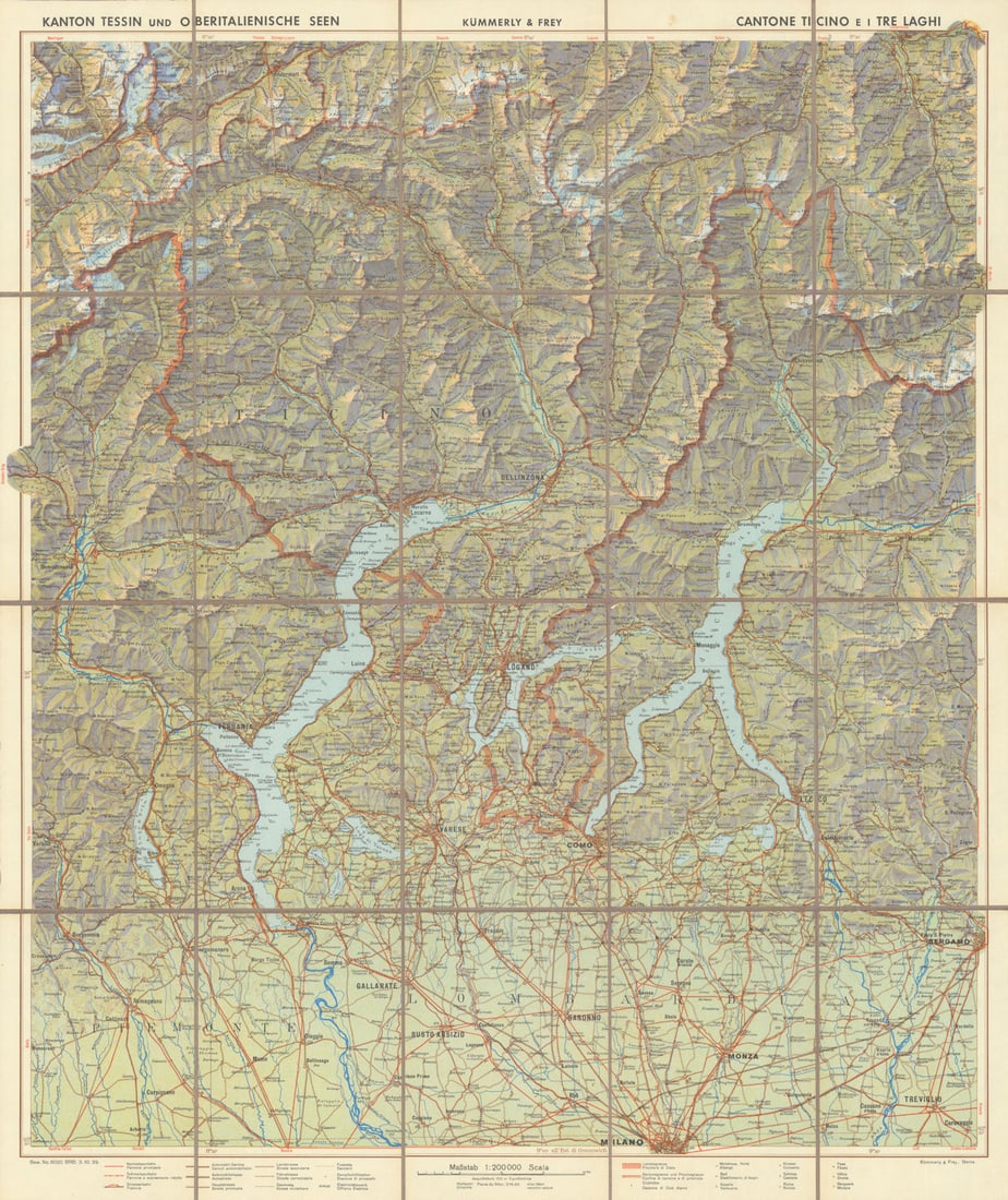 Cantone Ticino e I Tre Laghi—Antique map of Ticino & the Italian Lakes 1939 (1 of 1)