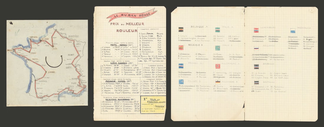 Tour de France route map & 35pg hand written cycling event results dossier c1946 (1 of 1)