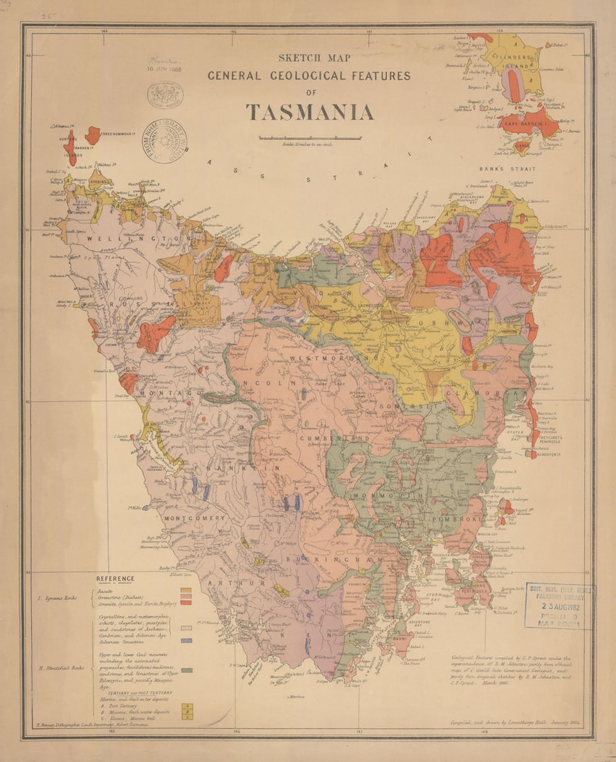 Sketch map—General geological features of Tasmania—Sprent/Lands Department 1885 (1 of 1)