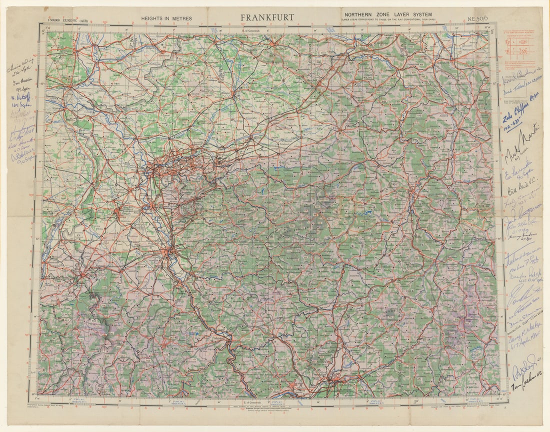 Frankfurt/Ruhr—GSGS—RAF WW2—Signed by 25 aircrew inc 3 VCs+6 Dambusters 1942 map (1 of 1)