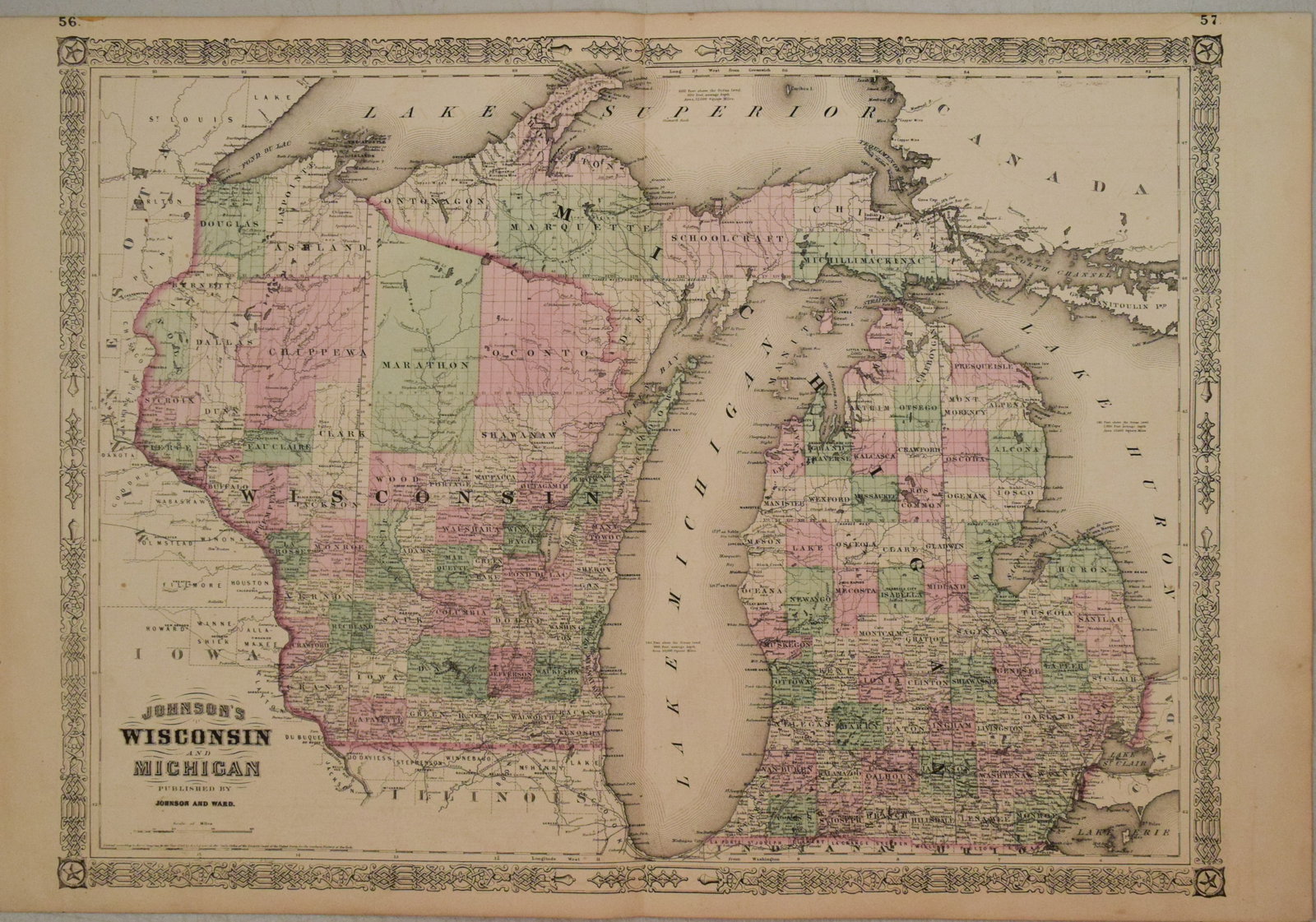 1866 Johnson Map of Wisconsin and Michigan -- Johnson's Michigan and Wisconsin: Title:1866 Johnson Map of Wisconsin and Michigan -- Johnson's Michigan and Wisconsin Cartographer:Johnson and Ward Year/Place:1866, New York Map Dimensions:16.9 X 23 in. Description:This is an excelle
