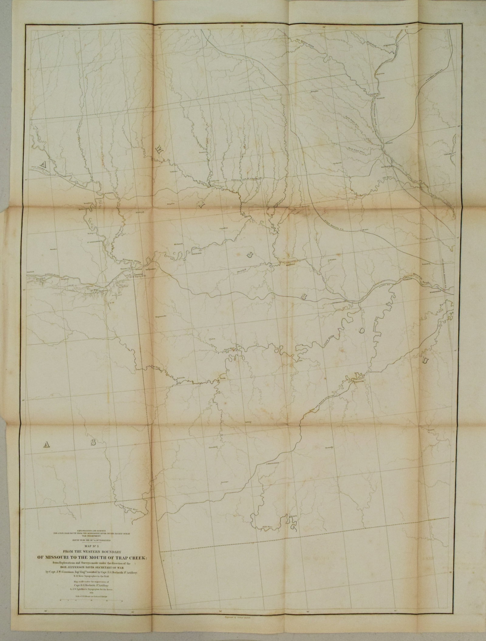 1855 Gunnison Map of Missori and Kansas -- Map No. 1 From the Western Boundary of Missouri to the: Title:1855 Gunnison Map of Missori and Kansas -- Map No. 1 From the Western Boundary of Missouri to the Mouth of Trap Creek from Explorations and Surveys Made Under the Direction of Hon. Jefferson