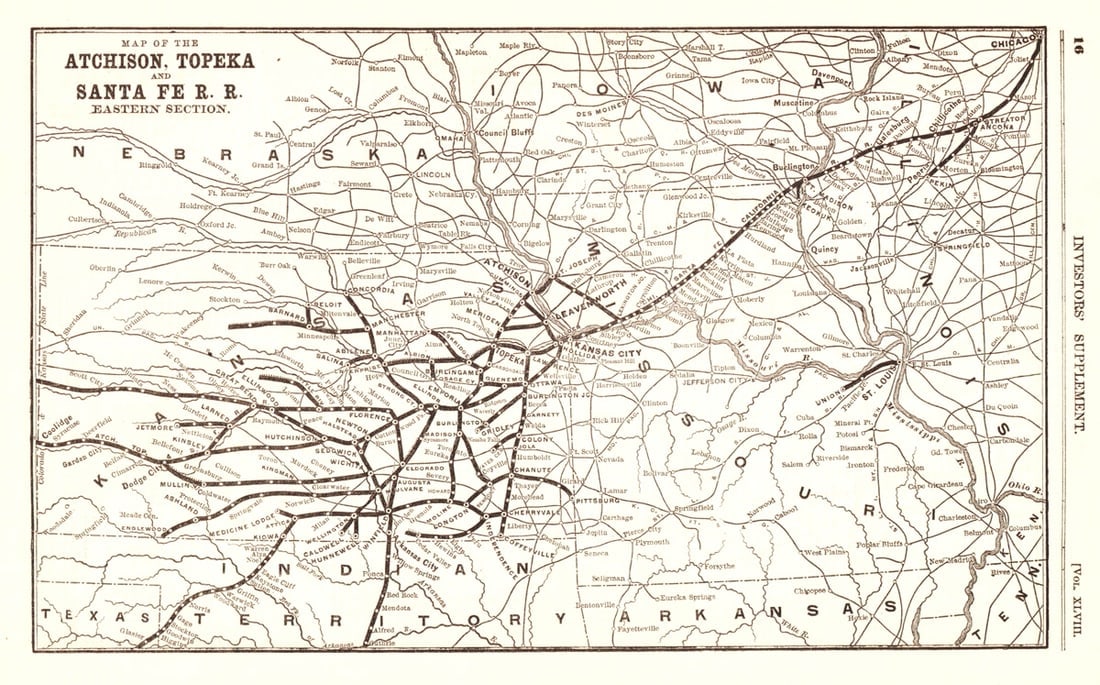 Map of the Atchison, Topeka an: Publication Date:-4015 Title:Map of the Atchison, Topeka an Cartographer:ANONYMOUS Publisher:POOR'S ? Brief Description:From the Investors' Supplement of Railroad stocks and bonds. Shows the interlock