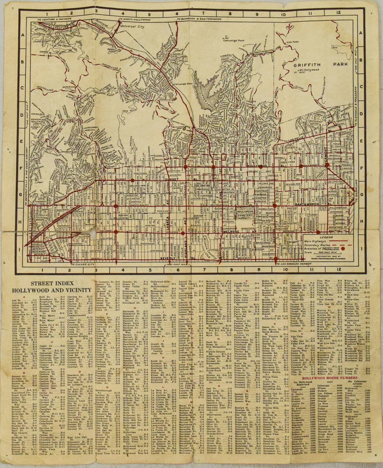 1930 Map of Hollywood, California -- Security-First National Bank Map of Hollywood and Vicinity (1 of 2)