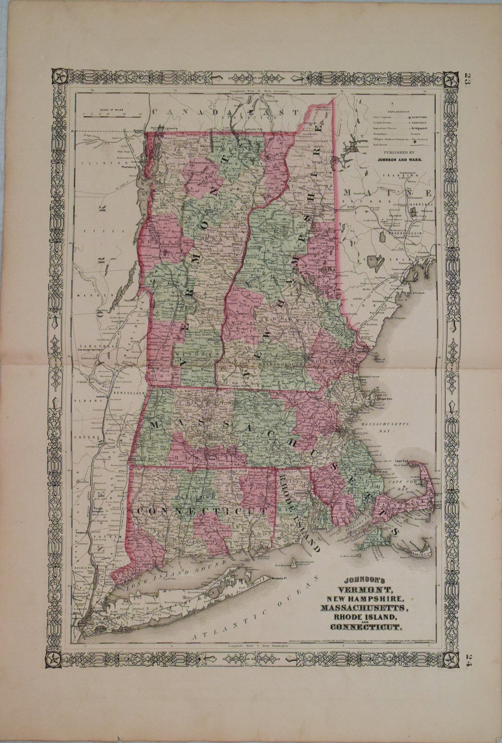 1866 Johnson's Vermont, New Hampshire, Massachusetts, Rhode Island, and Connecticut: Title:1866 Johnson's Vermont, New Hampshire, Massachusetts, Rhode Island, and Connecticut Cartographer:Johnson & Ward Year/Place:1866, New York Map Dimensions:21.5 X 14.5 in. Description:This is an ex