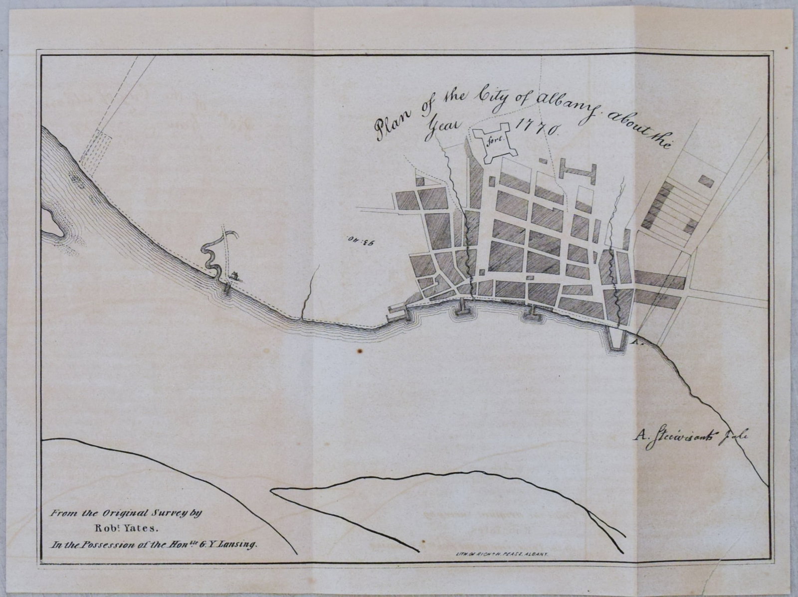1850 Pease Map of Albany from the 1770 -- Plan of the City of Albany about the Year 1770: Title:1850 Pease Map of Albany from the 1770 -- Plan of the City of Albany about the Year 1770Cartographer:R PeaseYear/Place:1850, Albany, New YorkMap Dimensions:8.1 X 11.6 in.Description:This is an