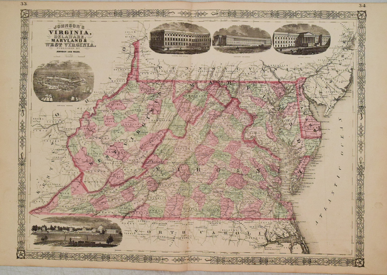 1866 Johnson's Virginia, Delaware, Maryland & West Virginia: Title:1866 Johnson's Virginia, Delaware, Maryland & West Virginia Cartographer:Johnson & Ward Year/Place:1866, New York Map Dimensions:17 X 23 in. Description:This is a superb, double page map of thes