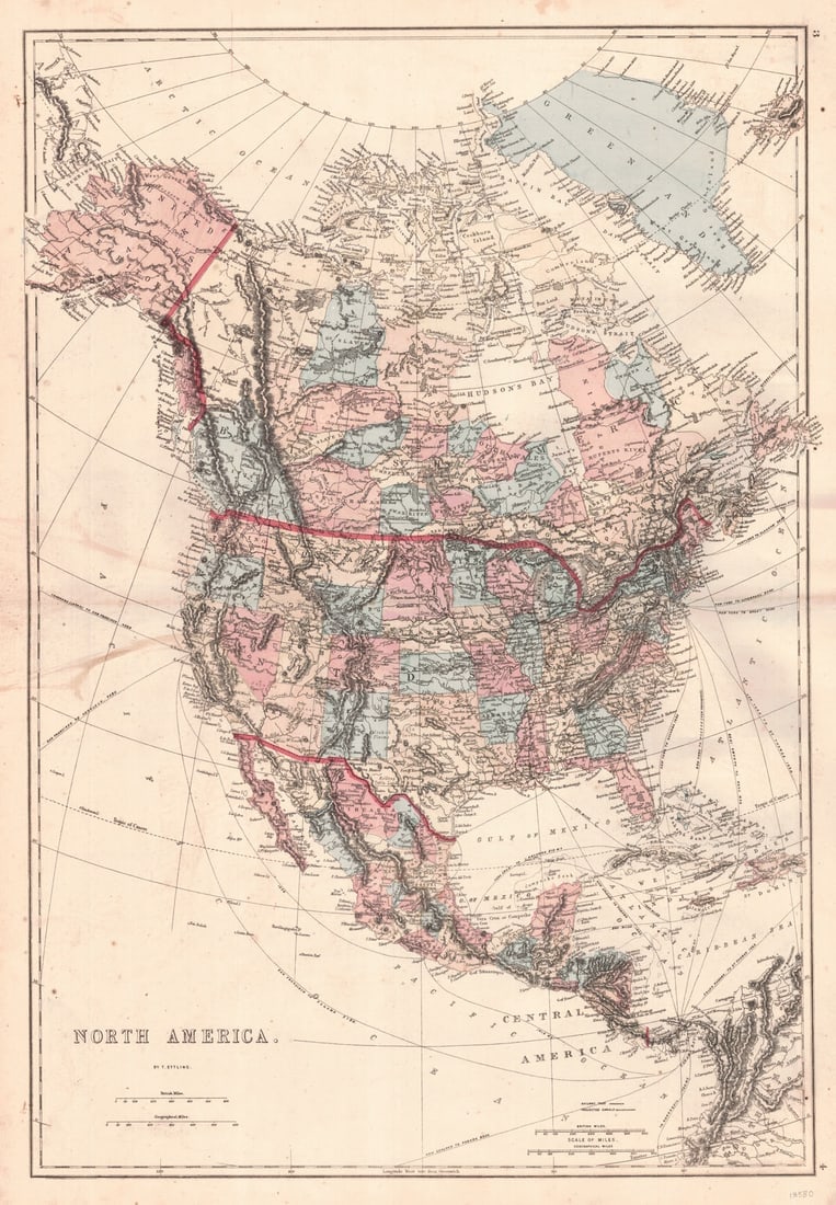 North America: Publication Date:1875 Title:North America Cartographer:ETTLING, T. Publisher:H. H. HARDESTY & CO. Brief Description:"By T. Ettling." Some nautical distances. Some topography. Map reprinted from The Ti