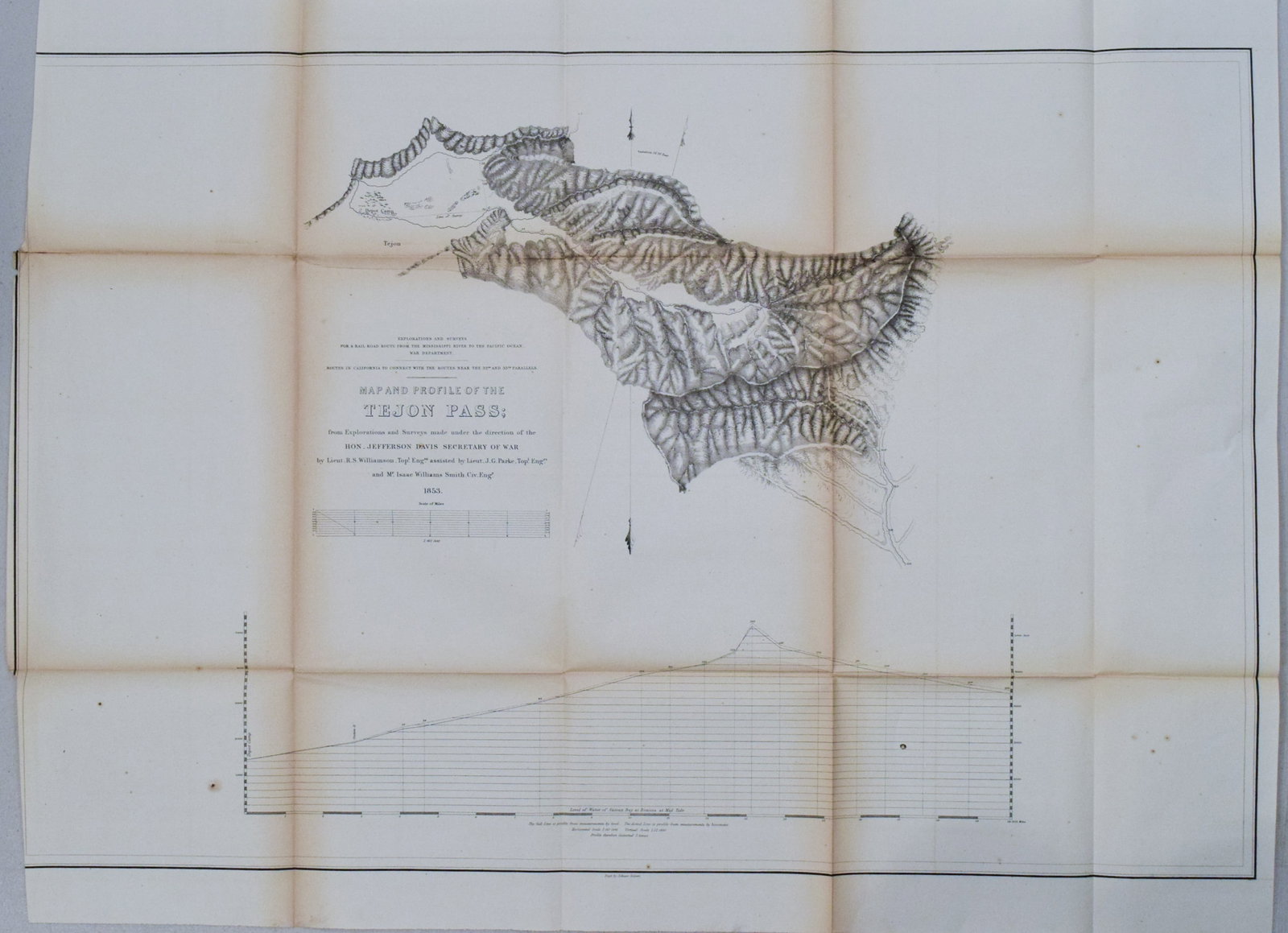 1853 Williamson Map of Tejon Pass, California -- Map and Profile of the Tejon Pass from explorations: Title:1853 Williamson Map of Tejon Pass, California -- Map and Profile of the Tejon Pass from explorations and surveys made under the direction of the Hon. Jefferson Davis, Secretary of