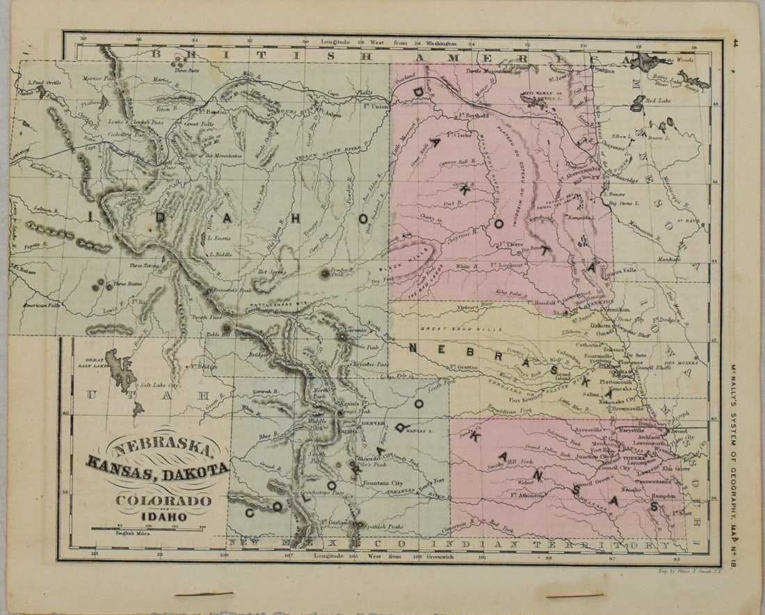 1866 McNally Map of Huge Idaho, Dakota, Colorado, Nebraska, etc -- Nebraska, Kansas, Dakota,: Title:1866 McNally Map of Huge Idaho, Dakota, Colorado, Nebraska, etc -- Nebraska, Kansas, Dakota, Colorado, IdahoCartographer:McNally & Co.Year/Place:1866, New YorkMap Dimensions:8.4 X 11.3