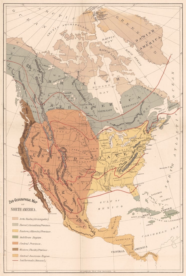 Zoo-Geographical Map of North America: Publication Date:1883 Title:Zoo-Geographical Map of North America Cartographer:U.S. GEOLOGICAL SURVEY Publisher:U.S.G.S. Brief Description:From the 12th annual report. Shows the average climates and i