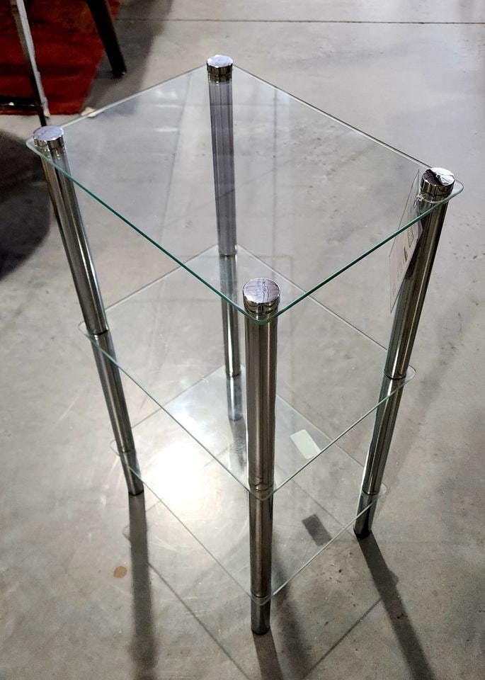 Hi-Design Vintage Modern Tempered Glass and Chromed Steel 3-Tier Pedestal/Side Table. 12 x 15 x 30" (1 of 3)
