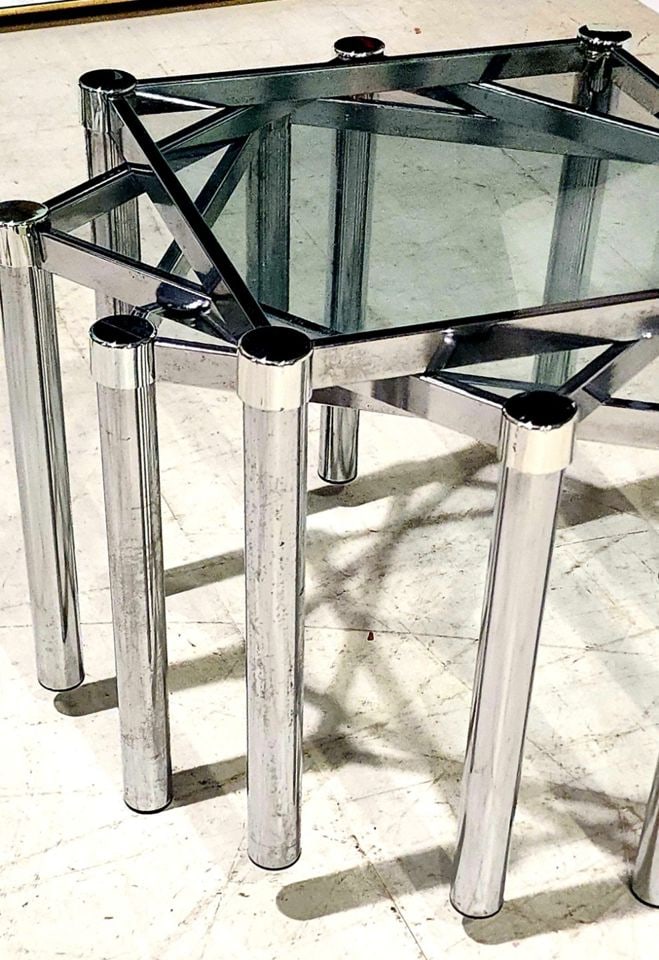 In the style of Milo Boughman, Mid-Century rare set of 3 Designer Glass and Chrome Nesting Tables - 3