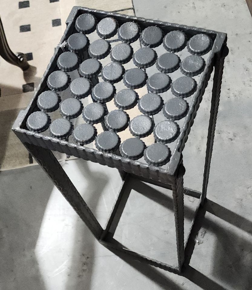 Modern folk art brutalist pedestal made from rebar and bottle caps - 2