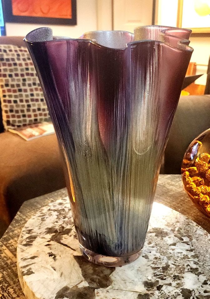 Stunning Murano Style Handkerchief Art Glass Vase w/ Blended Purple, Green & Gray Tones. 15"h - 2