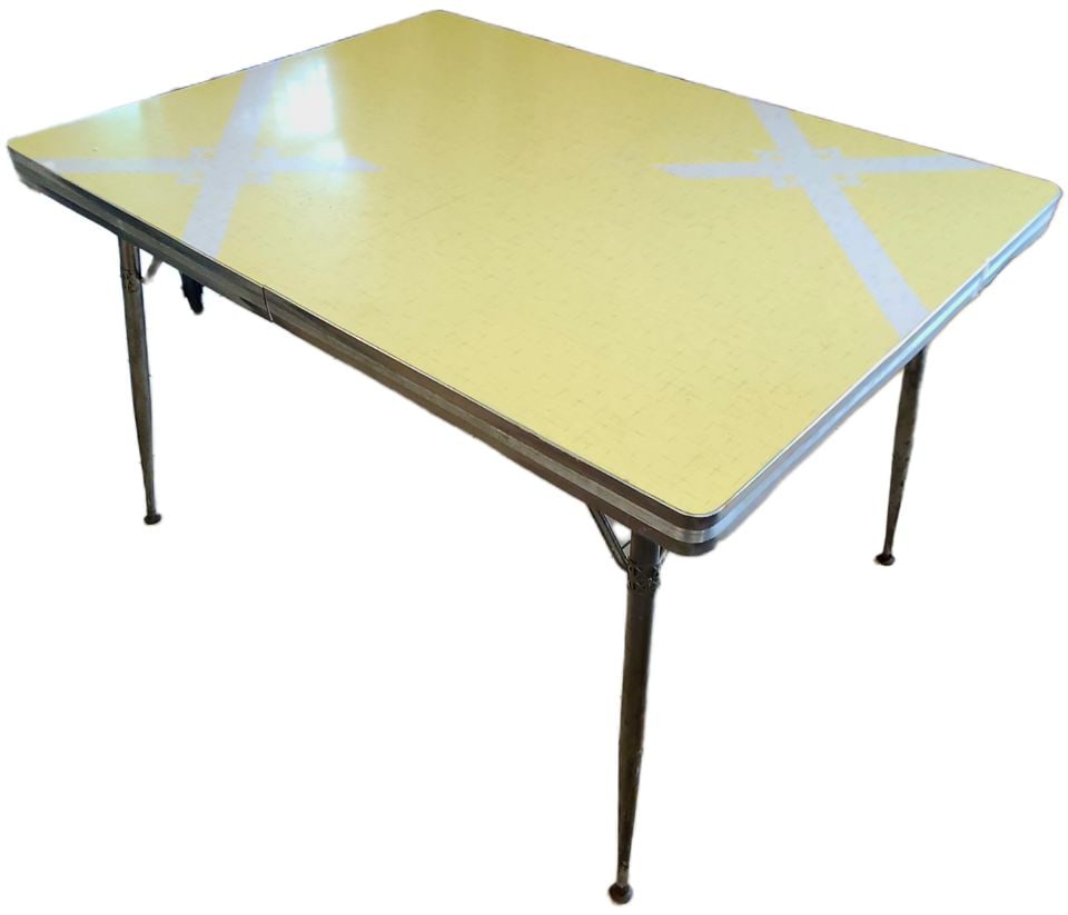 Large Retro Mid-Century Modern formica & chrome dinette table. Circa 1959. Great yellow pattern. - 2