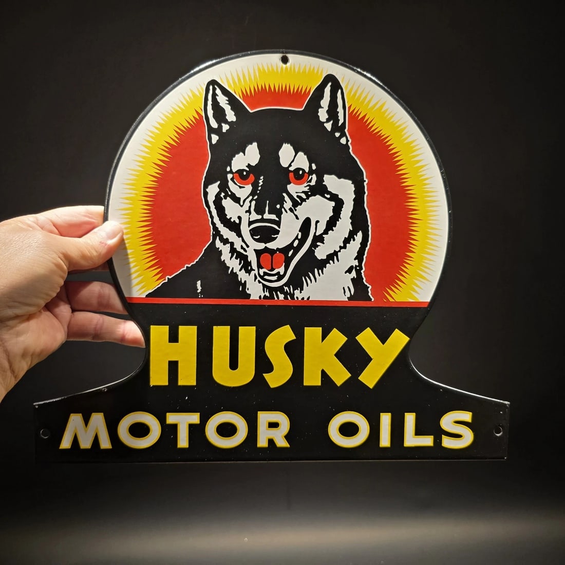 13 3/4" Husky Motor Oil Sign – Vintage Style Enamel Gas Station Advertising Sign: Title: 13 3/4" Husky Motor Oil Sign – Vintage Style Enamel Gas Station Advertising Sign Description: 13 3/4" x 11 3/4" Husky Motor Oils advertising sign in a die-cut porcelain enamel format, fea