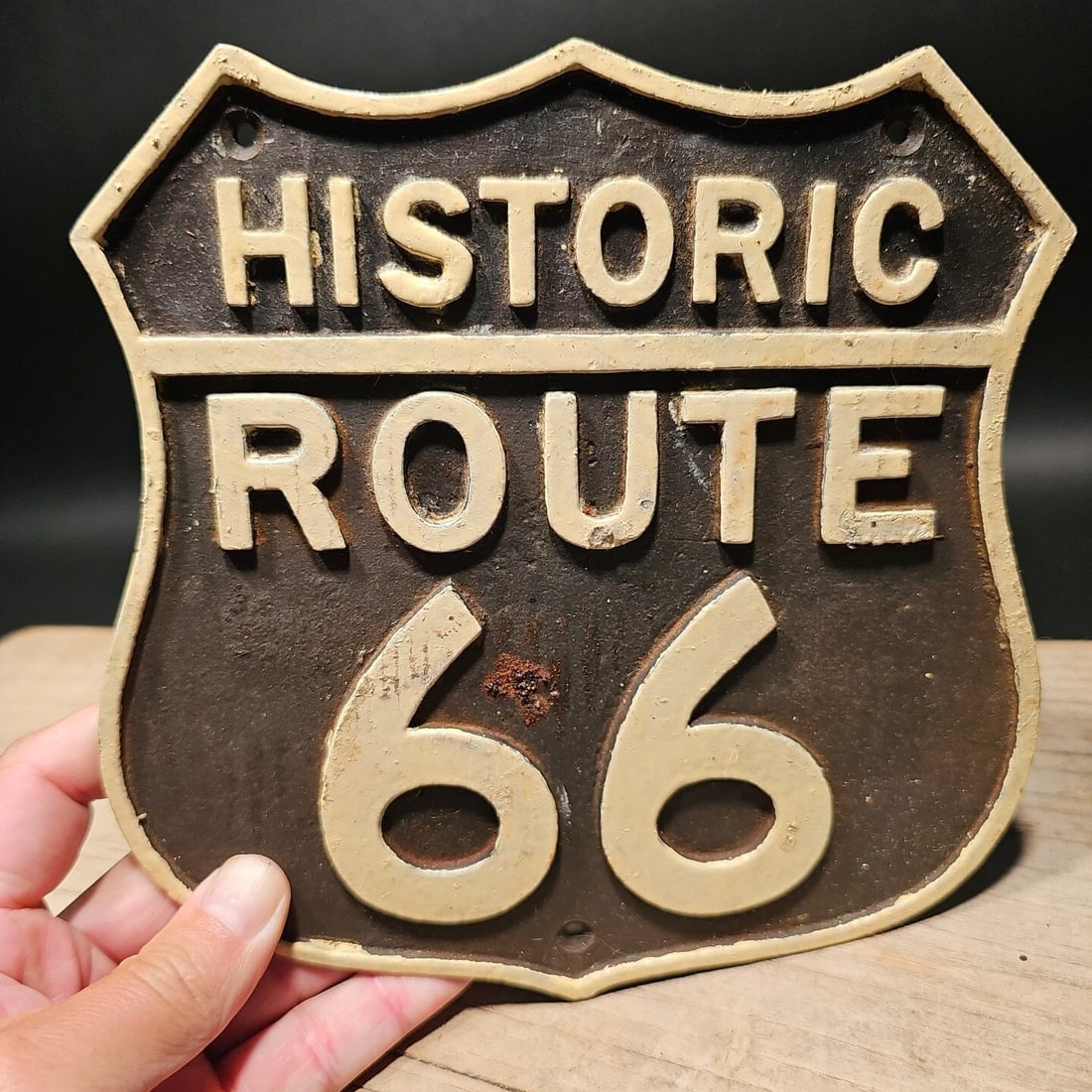 Cast Iron Historic Route 66 Plaque Sign: Title: Antique Vintage Style Cast Iron Historic Route 66 Plaque SignDescription: 7 3/4" Wide x 7 3/4" Tall Wonderful reproduction cast iron sign, slightly aged to look like an antique. Certainly hard