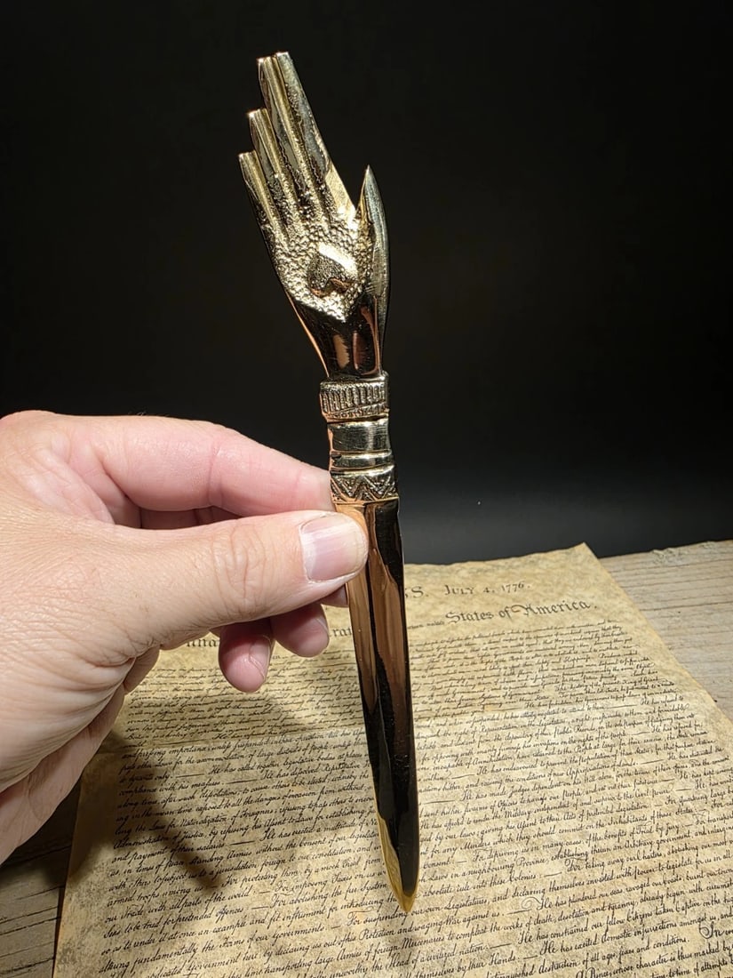 Brass Heart in Hand Friends Love Truth Odd Fellows Letter Opener: Title: Vintage Style Brass Heart in Hand Friends Love Truth Odd Fellows Letter Opener Description: 9" Wonderful reproduction brass heart in hand letter opener. The heart in hand symbol is often associ