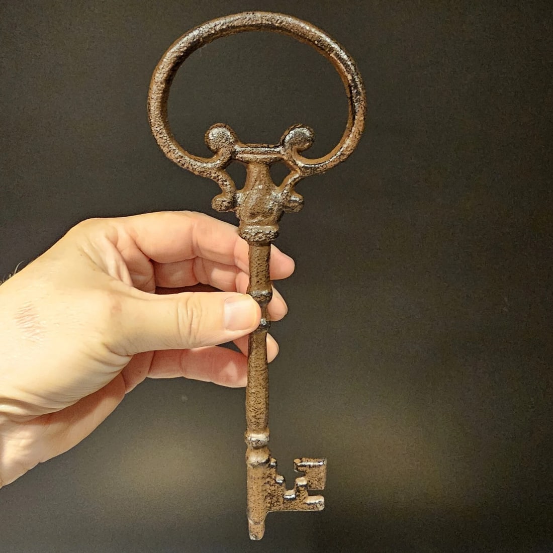 Cast Iron Large Ornate Skeleton Key: Title: Antique Vintage Style Cast Iron Large Ornate Skeleton Key Description: 9 1/2" Long 3 1/2" Wide Such a wonderful reproduction antique cast iron key! As you can see this key has a somewhat ornate