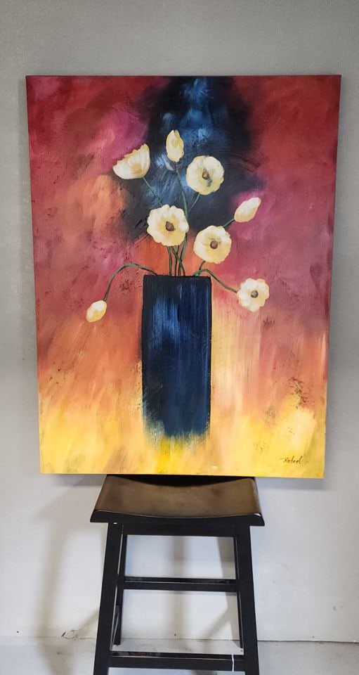 Rafael, exquisite vibrantly colored 36x48" floral still life giclee oil painting facsimile signed. (1 of 4)