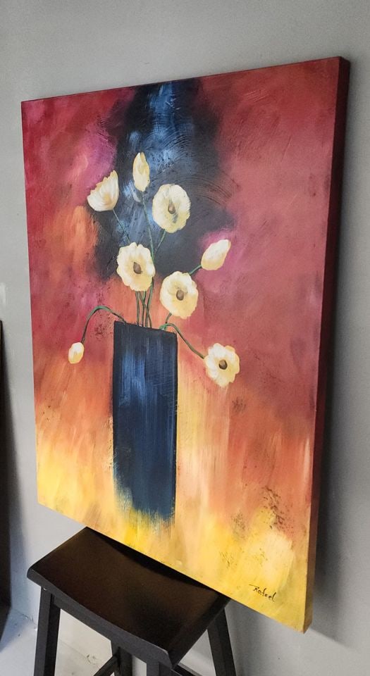 Rafael, exquisite vibrantly colored 36x48" floral still life giclee oil painting facsimile signed. - 2