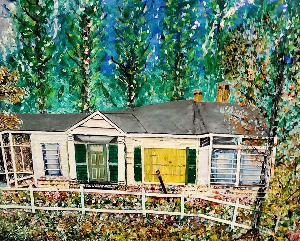 H. Berenholtz, 48x40 signed 1985 textured impressionist country landscape mixed media oil painting. - 4