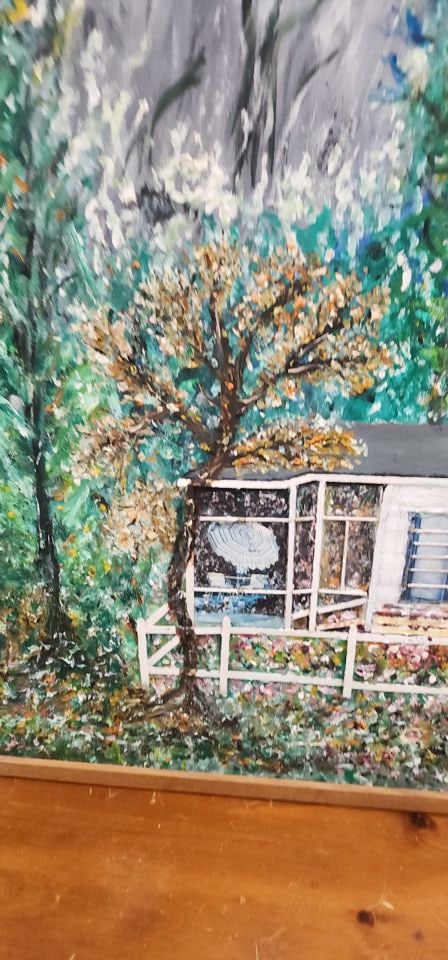 H. Berenholtz, 48x40 signed 1985 textured impressionist country landscape mixed media oil painting. - 5