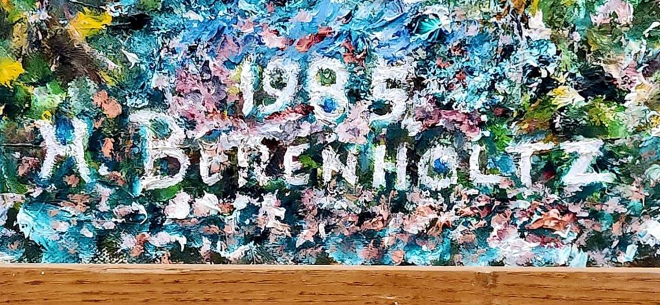 H. Berenholtz, 48x40 signed 1985 textured impressionist country landscape mixed media oil painting. - 6