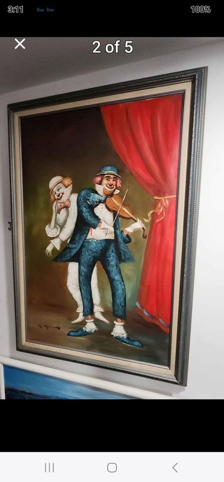 Send in the Clowns fantastic signed artwork mid-century original oil painting.. Do you hear the - 2