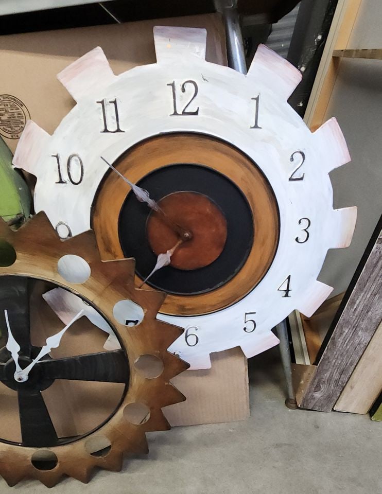 Fantastic vintage working triple clock hand-painted steel wall sculpture. 40" x 30" - 6