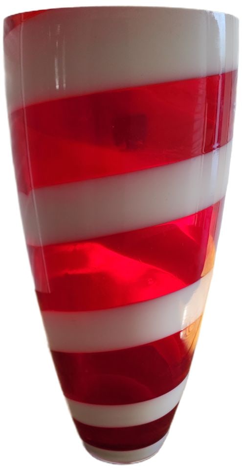 Vibrant Red White Boldly Striped Modern Art Glass Vase. 15"h w/ 6" diameter - 2
